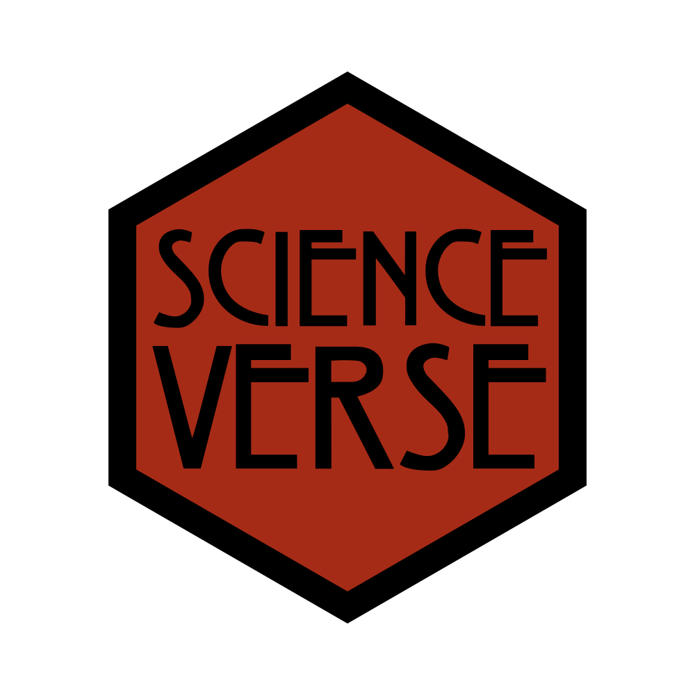 Red hexagon with SCIENCE VERSE in black art deco letters